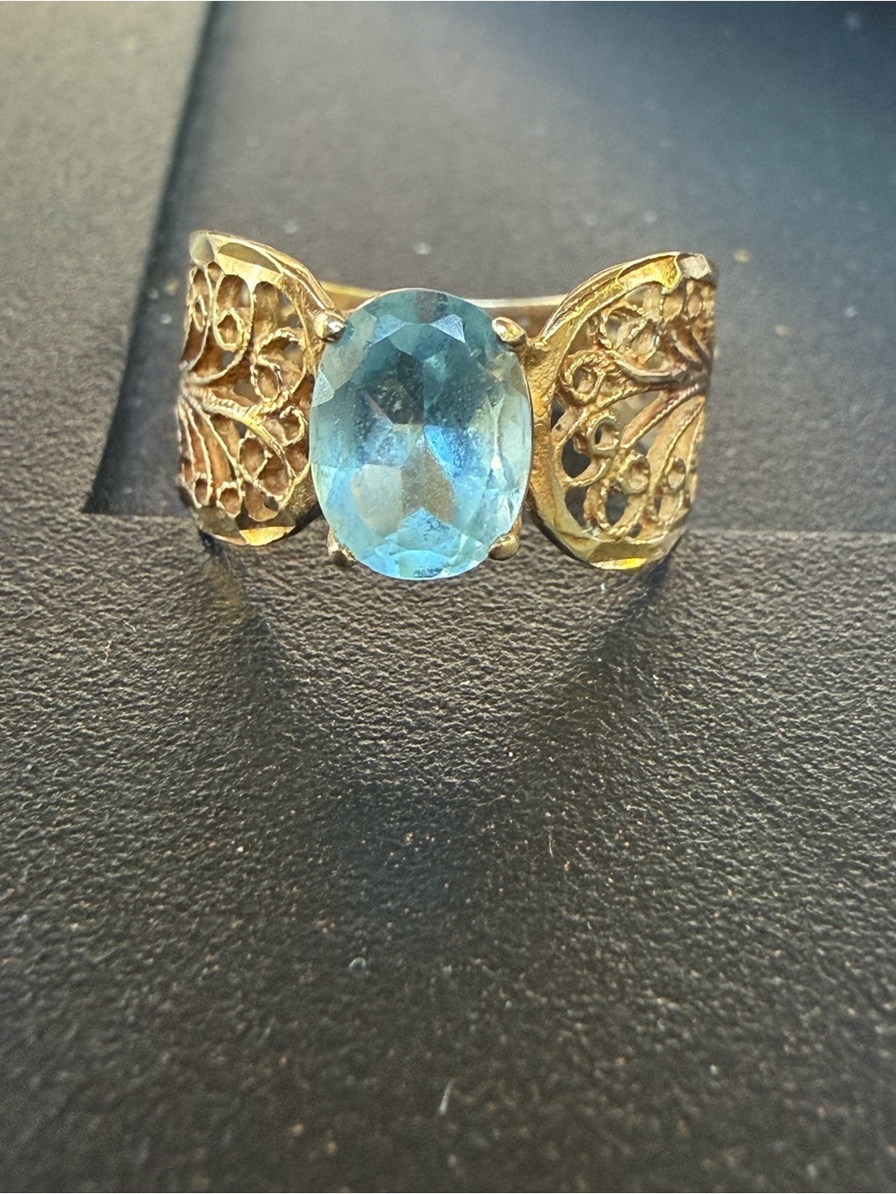 Gold Filigree Ring with Aqua Blue Oval Gemstone - Women's Jewelry - Picture 2 of 4